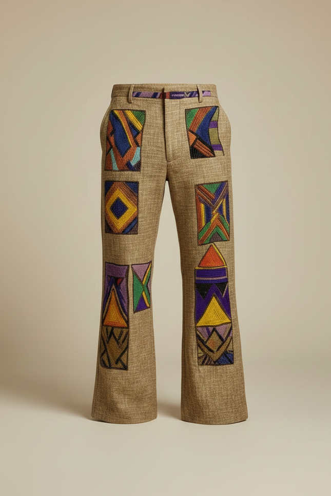 Pantalon Patte D'Éléphant Ethnique Imprimé Abstrait Homme Décontracté - Multicolore Lin - vue 3