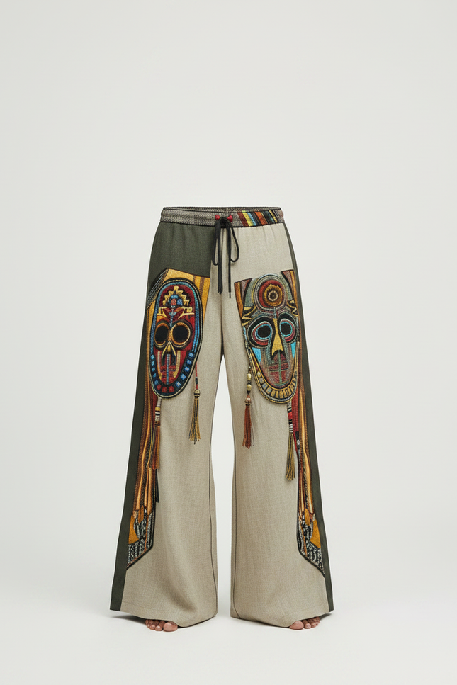 Pantalon Patte D'Éléphant Ethnique Ample Imprimé Masques Africains Décontracté - Beige Lin - vue 3