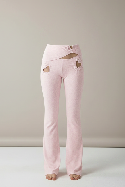 Pantalon Patte D'Éléphant Rose Cœur Évasé Taille Basse Confortable - Maille - vue 3