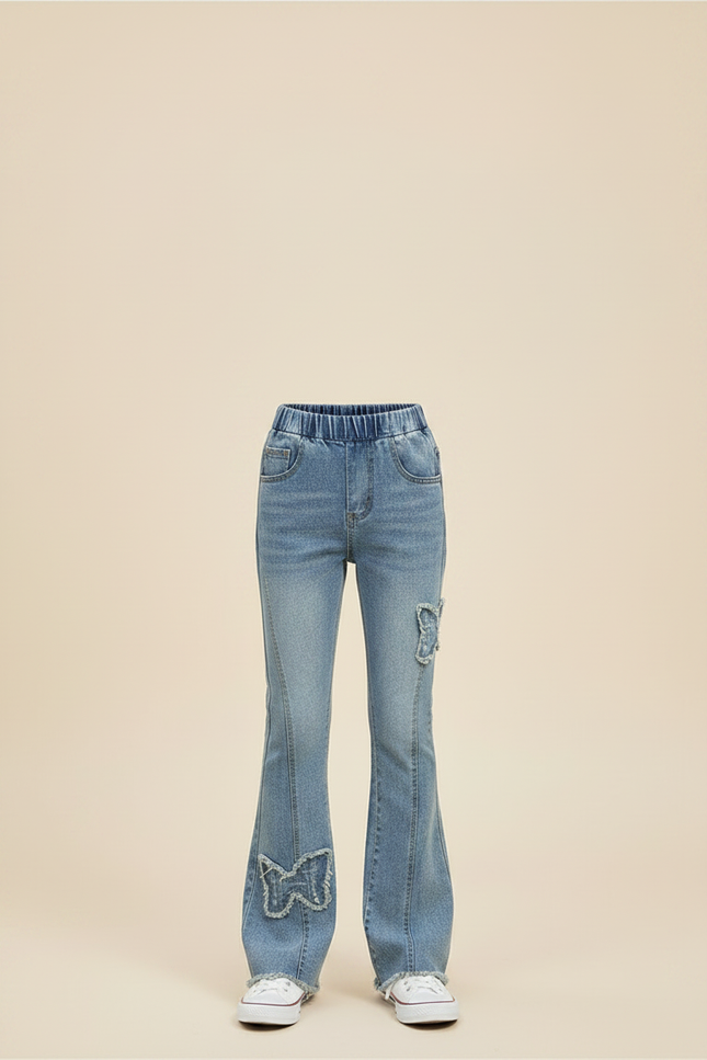 Pantalon Patte D'Éléphant Denim Bleu Papillons Évasé Enfant - Jean - vue 3