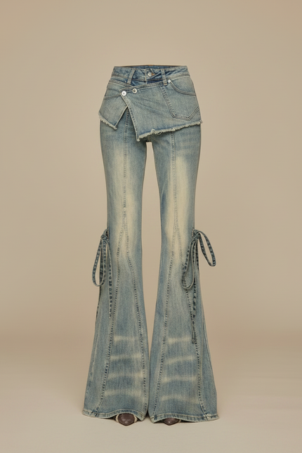 Pantalon Patte D'Éléphant Jean Délavé Taille Basse Évasé - Bleu - vue 3