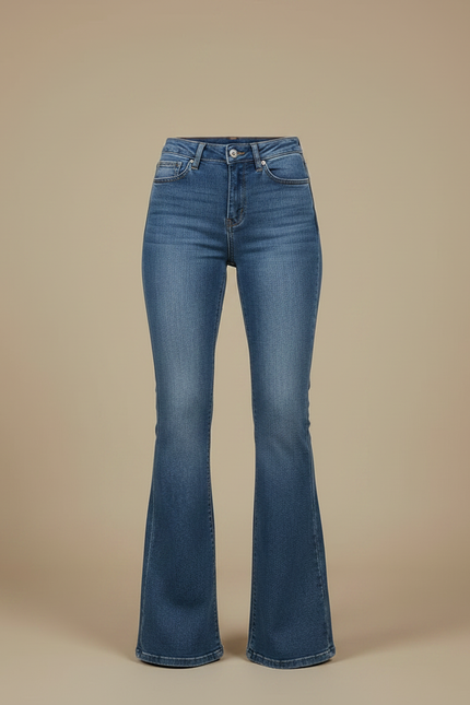 Pantalon Patte D'Éléphant Jean Bleu Taille Haute Délavé - vue 3