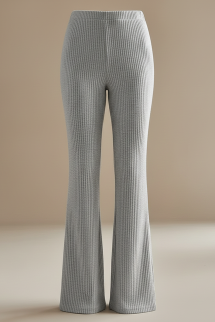 Pantalon Patte D'Éléphant Gris Côtelé Tricoté Confortable Femme - Maille - vue 3