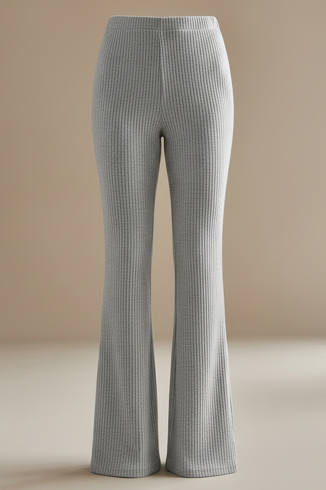 Pantalon Patte D'Éléphant Gris Côtelé Tricoté Confortable Femme - Maille - vue 3