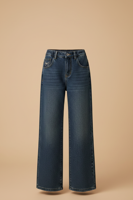 Pantalon Patte D'Éléphant Denim Large Nœud Élastique Fille - Marine Jean - vue 3