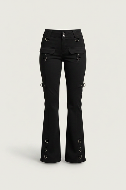 Pantalon Patte D'Éléphant Noir Évasé Anneaux Métal - Gabardine - vue 3