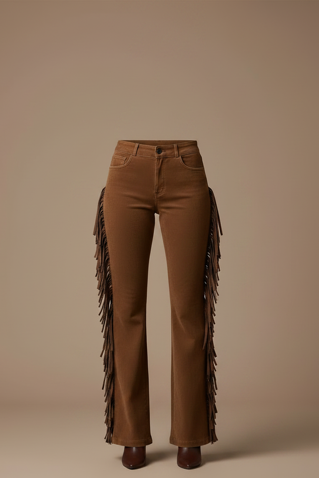 Pantalon Patte D'Éléphant Marron Franges Daim Vintage Femme - Cordé - vue 3