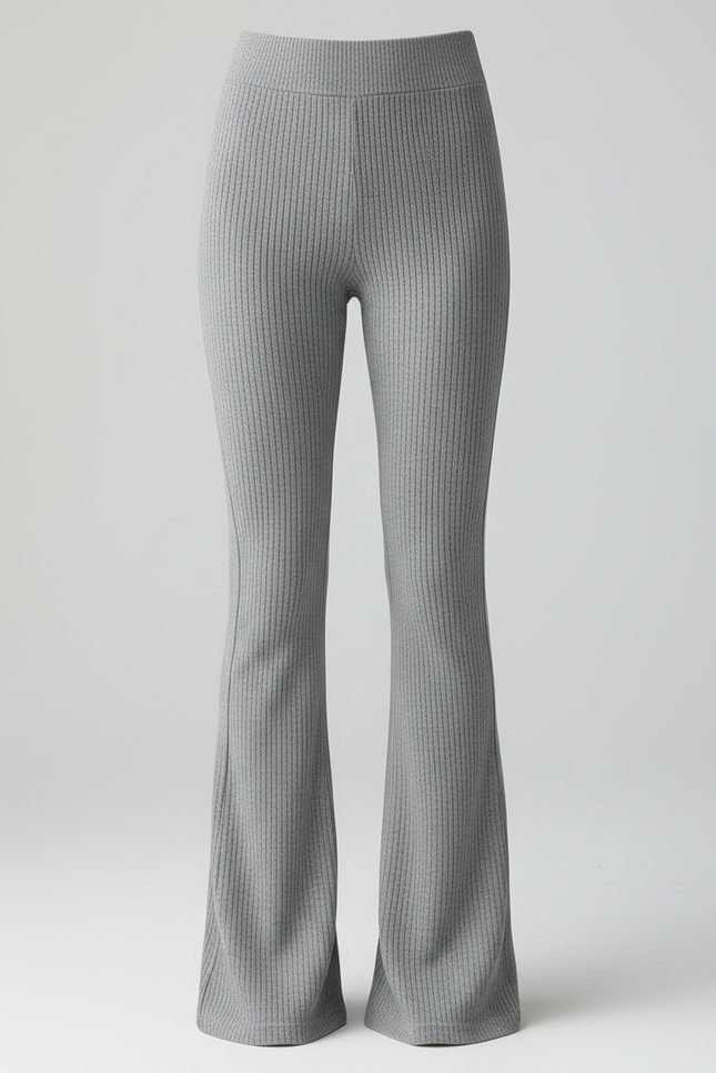 Pantalon Patte D'Éléphant Gris Côtelé Taille Haute Évasé - Maille - vue 3
