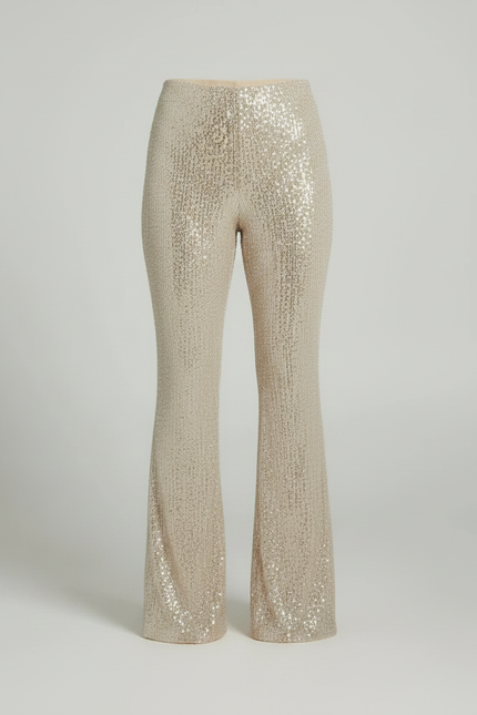 Pantalon Patte D'Éléphant Pailleté Beige Évasé Taille Haute Brillant - Doré Polyester - vue 3