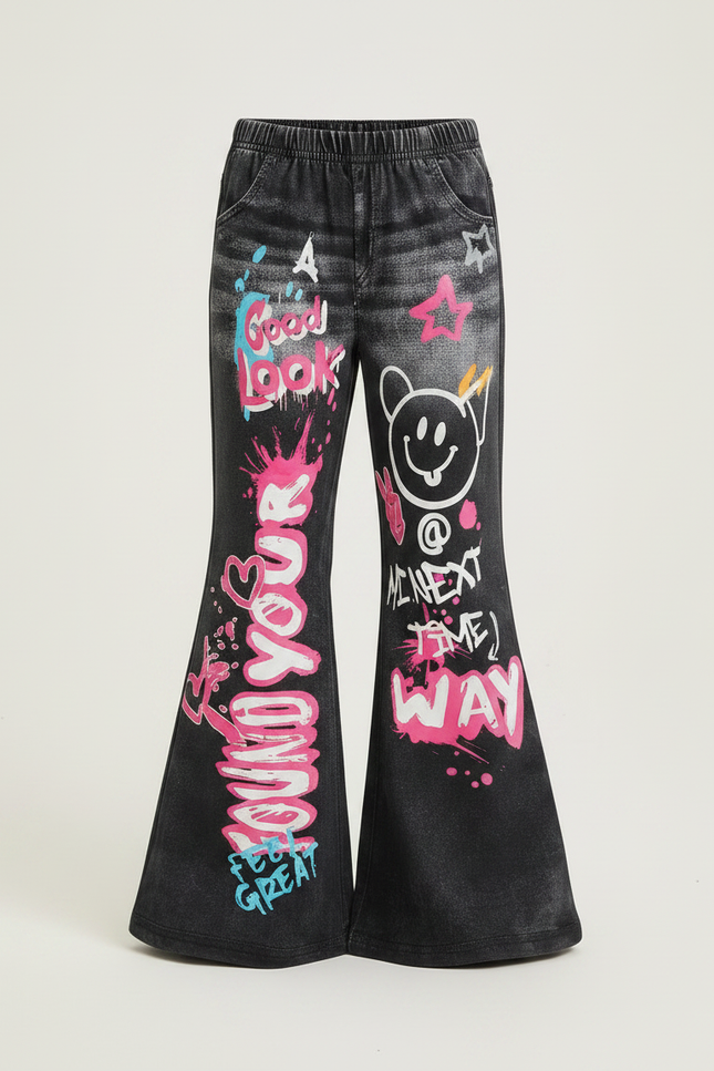 Pantalon Patte D'Éléphant Noir Graffiti Imprimé Évasé Fille - Jean - vue 3