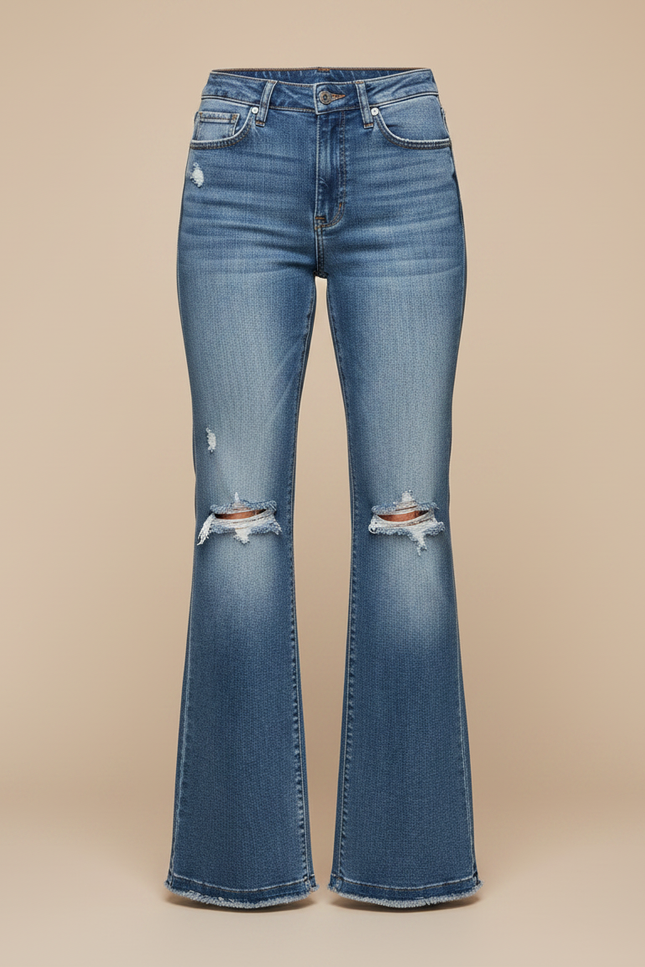 Pantalon Patte D'Éléphant Bleu Denim Délavé Taille Haute Déchiré - Jean - vue 3