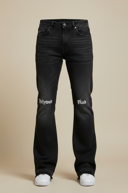 Pantalon Patte D'Éléphant Noir Délavé Imprimé Décontracté Homme - Jean - vue 3