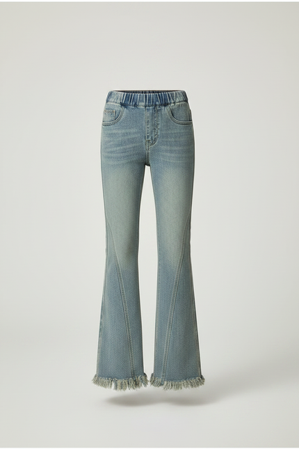 Pantalon Patte D'Éléphant Jean Denim Clair Frangé Évasé - Bleu - vue 3