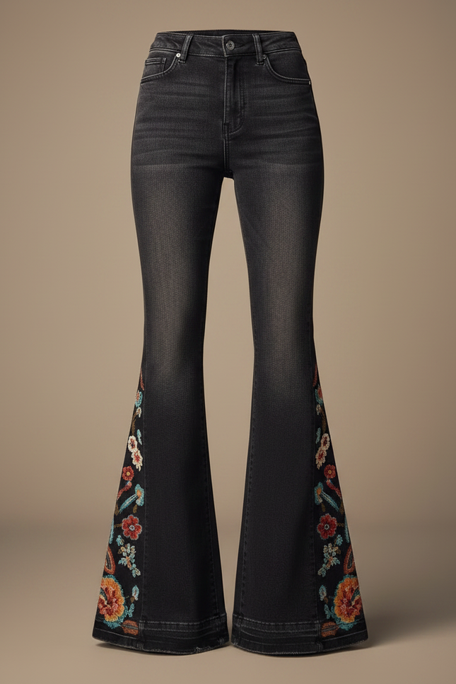 Pantalon Patte D'Éléphant Noir Brodé Floral Vintage Évasé - Jean - vue 3