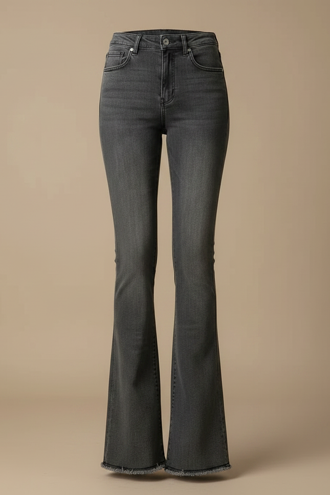 Pantalon Patte D'Éléphant Jean Gris Évasé Taille Haute Effiloché - vue 3