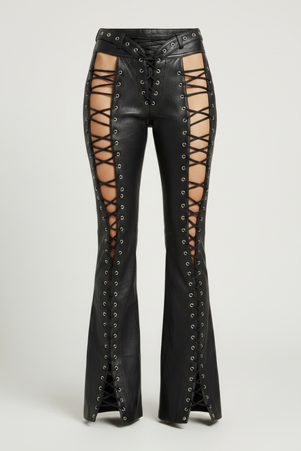 Pantalon Patte D'Éléphant Noir Cuir Lacets Évasé Sexy - vue 3