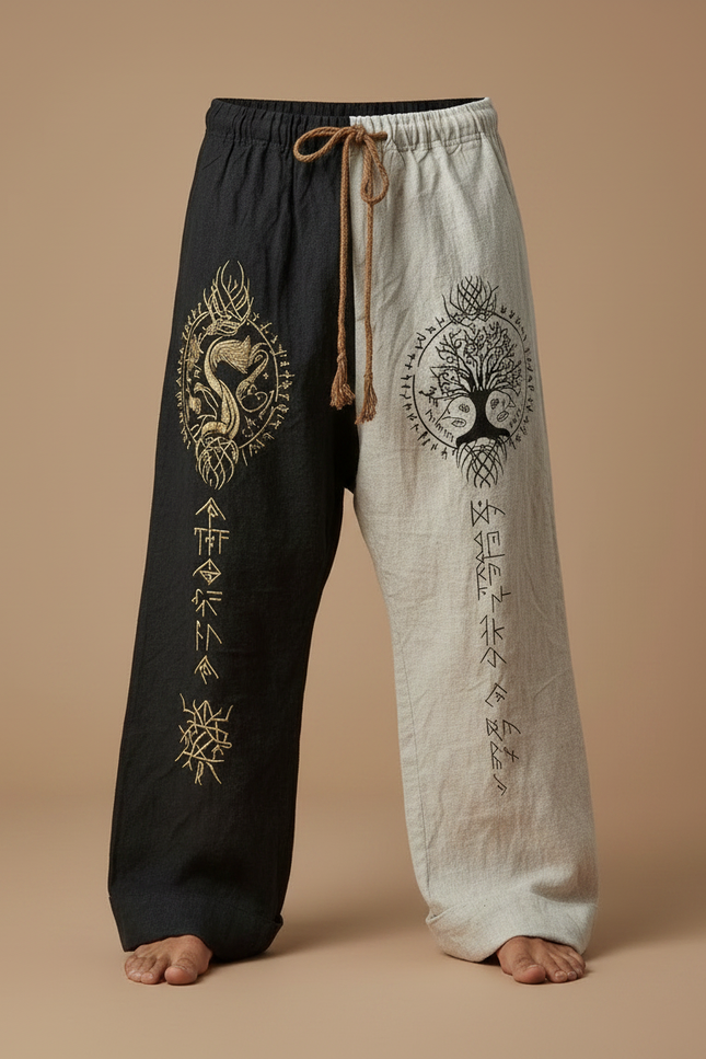 Pantalon Patte D'Éléphant Bicolore Ethnique Ample Cordon Lin - Multicolore - vue 3