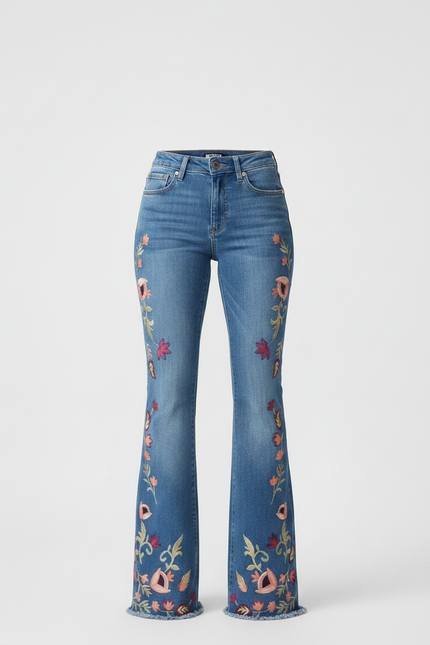 Pantalon Patte D'Éléphant Jean Brodé Floral Frangé Évasé - Bleu - vue 3