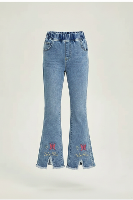 Pantalon Patte D'Éléphant Denim Évasé Papillons Brodés Fille - Bleu Jean - vue 3