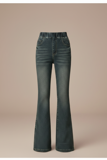 Pantalon Patte D'Éléphant Jean Délavé Taille Haute Élastique - Vert - vue 3