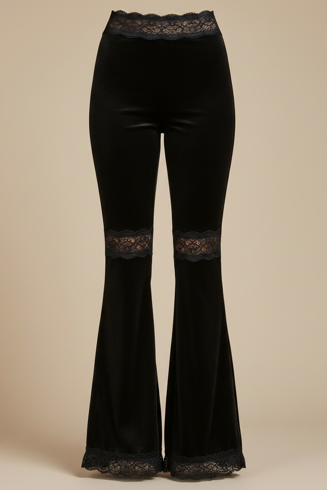 Pantalon Patte D'Éléphant Velours Noir Dentelle Taille Haute - vue 3