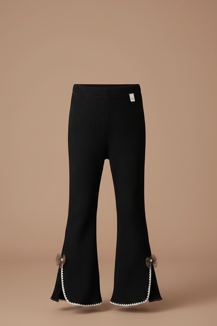 Pantalon Patte D'Éléphant Noir Côtelé Évasé Nœuds Enfant - Maille - vue 3