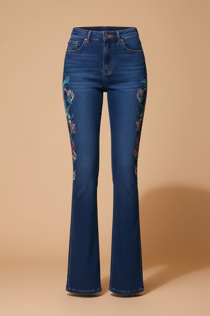 Pantalon Patte D'Éléphant Bleu Brodé Taille Haute Évasé - Jean - vue 3