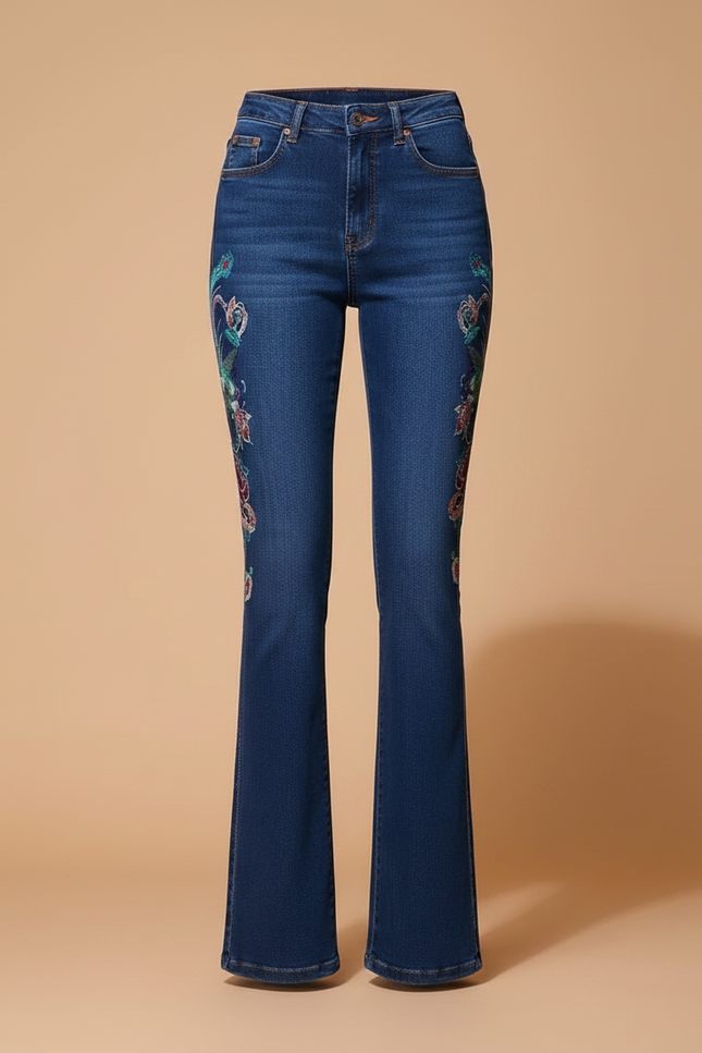 Pantalon Patte D'Éléphant Bleu Brodé Taille Haute Évasé - Jean - vue 3