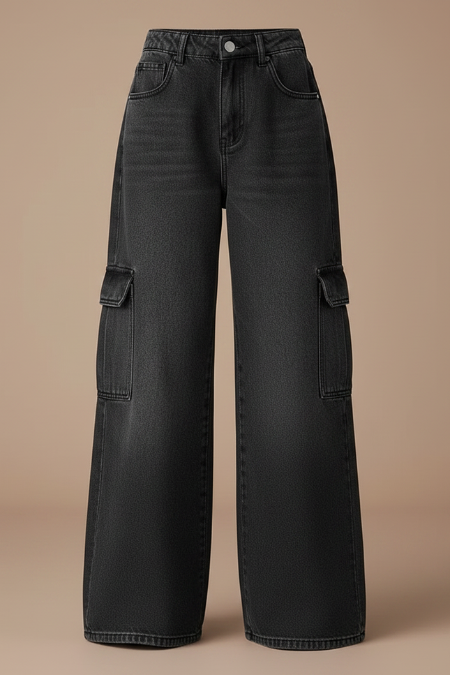 Pantalon Patte D'Éléphant Noir Denim Cargo Ample Décontracté - Jean - vue 3