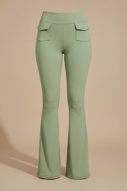 Pantalon Patte D'Éléphant Vert Kaki Évasé Taille Haute Poches - Polyester - vue 3