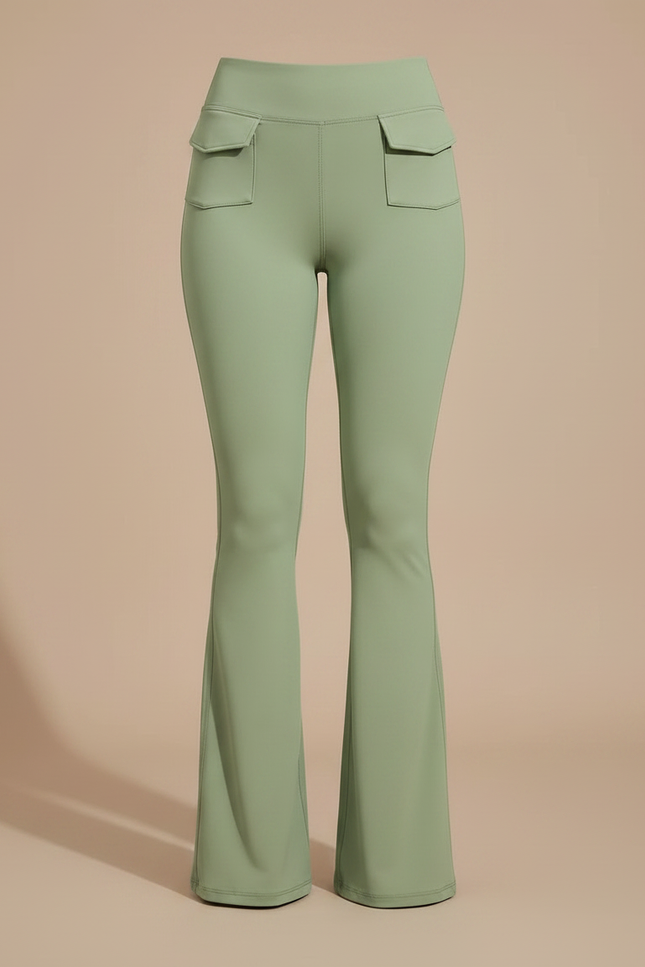 Pantalon Patte D'Éléphant Vert Kaki Évasé Taille Haute Poches - Polyester - vue 3