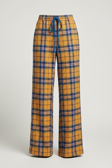 Pantalon Patte D'Éléphant Écossais Ample Jaune Bleu Décontracté - Laine - vue 3
