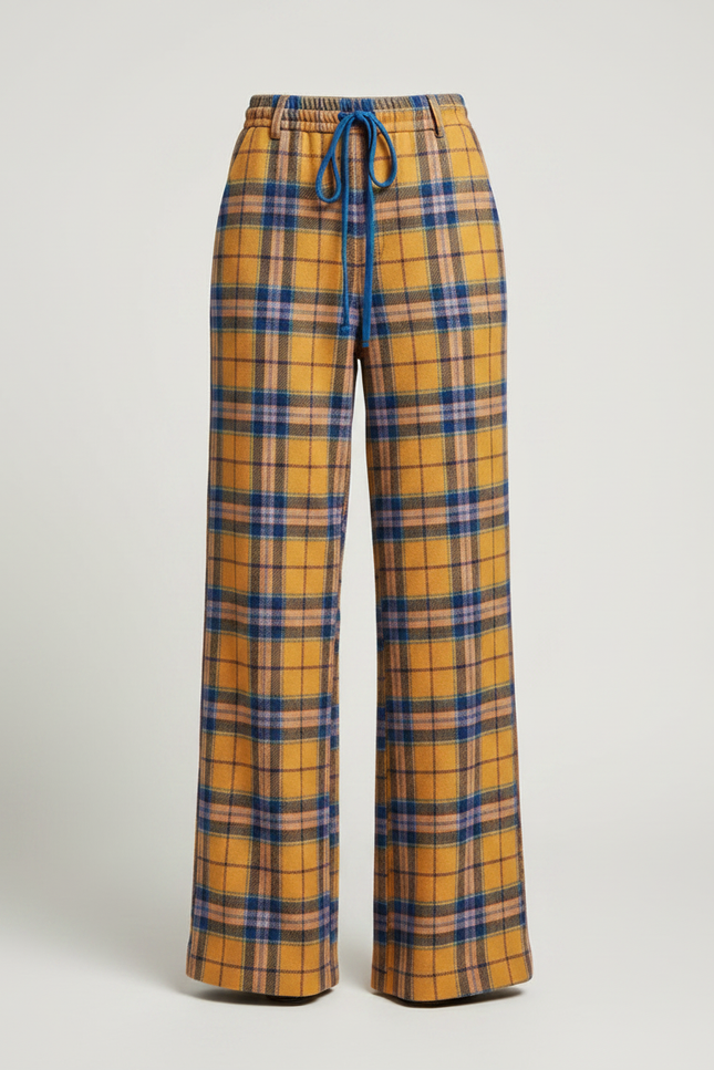 Pantalon Patte D'Éléphant Écossais Ample Jaune Bleu Décontracté - Laine - vue 3