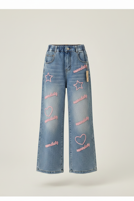 Pantalon Patte D'Éléphant Denim Bleu Brodé Étoiles Cœurs Ample Fille - Jean - vue 3