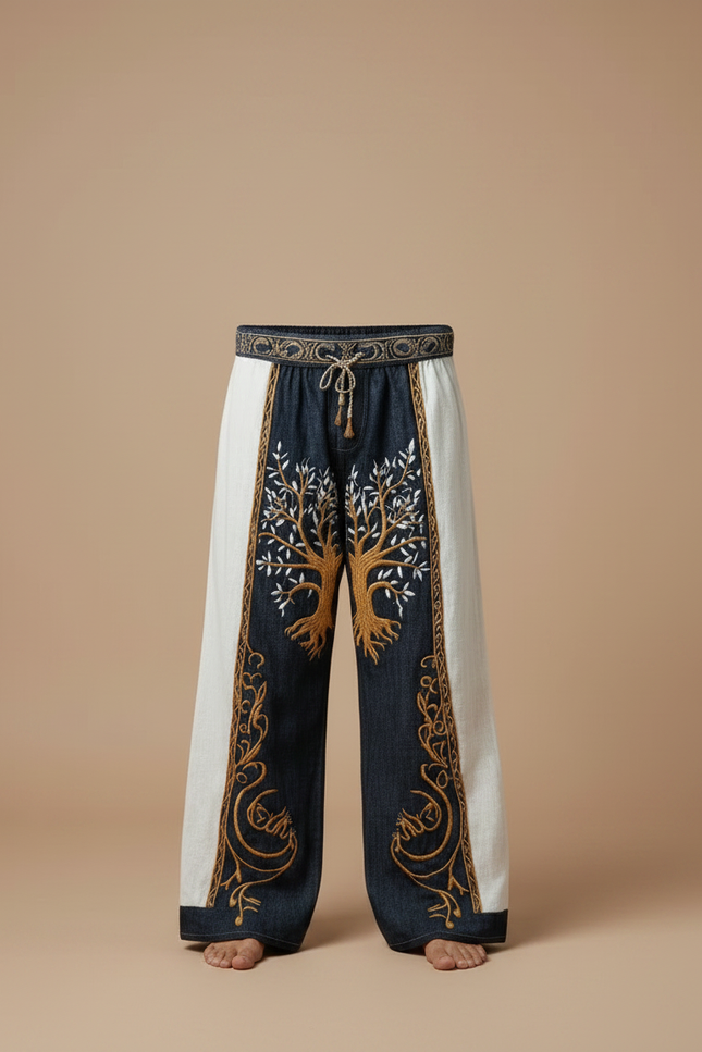 Pantalon Patte D'Éléphant Brodé Arbre Lin Ample Décontracté - Multicolore - vue 3
