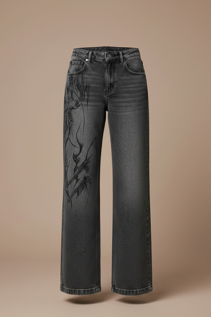 Pantalon Patte D'Éléphant Imprimé Gothique Denim Ample Noir - Gris Jean - vue 3