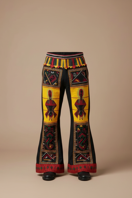 Pantalon Patte D'Éléphant Noir Ethnique Imprimé Tribal Ample - Toile - vue 3