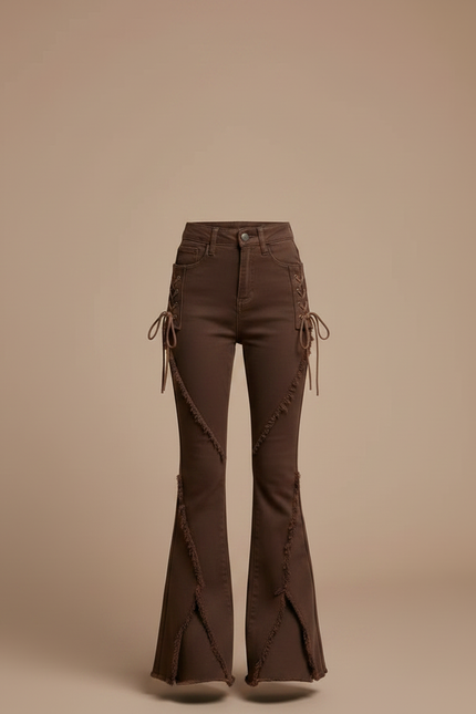 Pantalon Patte D'Éléphant Marron Frangé Lacets Évasé Fille - Jean - vue 3