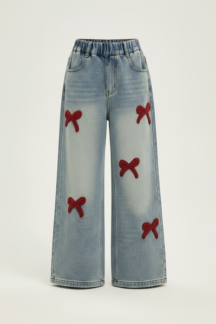 Pantalon Patte D'Éléphant Denim Bleu Nœuds Rouges Fille - Jean - vue 3