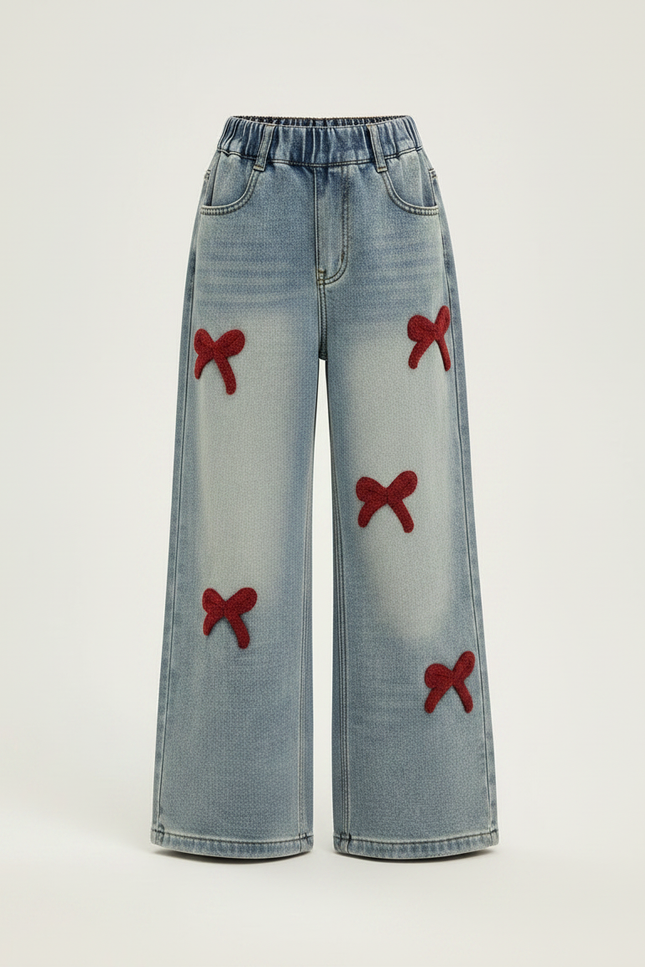 Pantalon Patte D'Éléphant Denim Bleu Nœuds Rouges Fille - Jean - vue 3