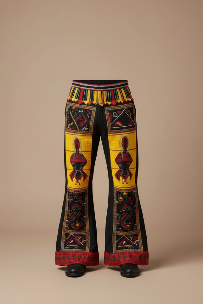 Pantalon Patte D'Éléphant Noir Ethnique Imprimé Tribal Ample - Toile - vue 3