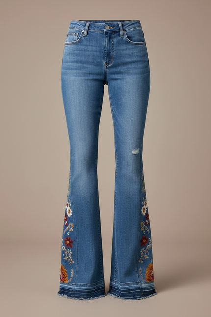 Pantalon Patte D'Éléphant Jean Bleu Brodé Floral Vintage - vue 3
