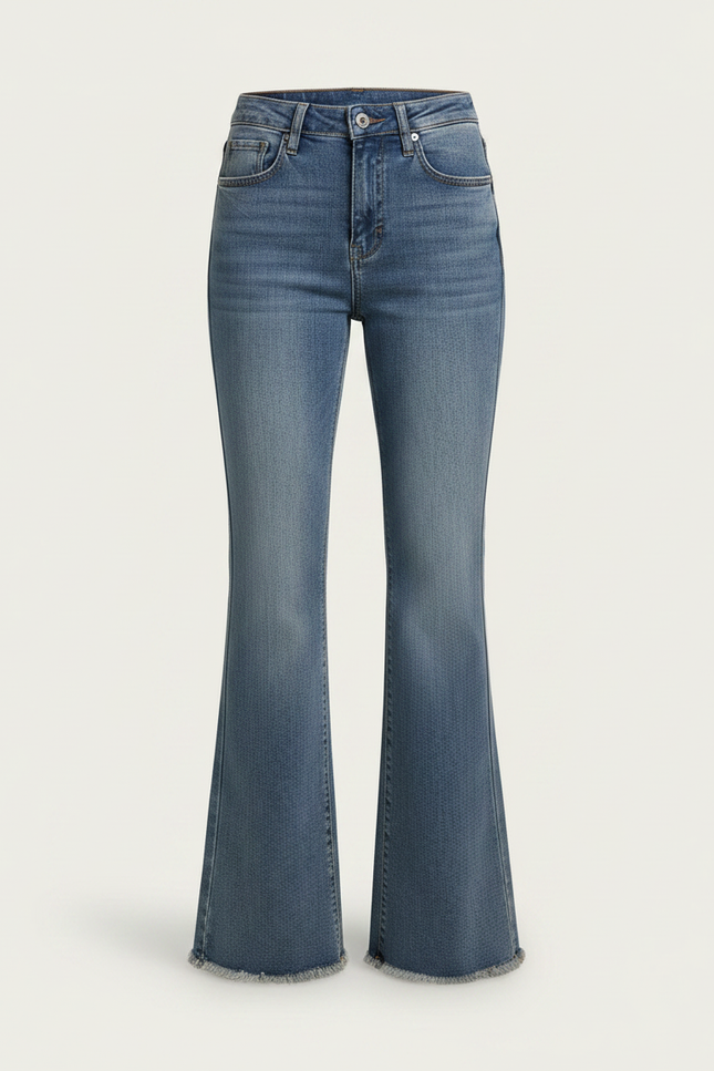 Pantalon Patte D'Éléphant Denim Bleu Effiloché Taille Haute - Jean - vue 3