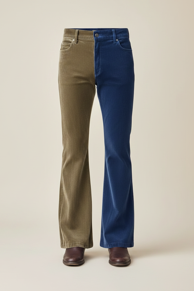 Pantalon Patte D'Éléphant Bicolore Velours Côtelé Évasé Homme Rétro - Multicolore Cordé - vue 3