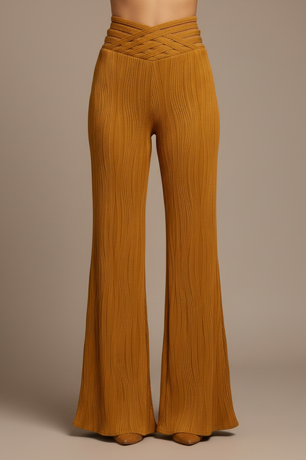 Pantalon Patte D'Éléphant Ocre Côtelé Texturé Croisé Élégant - Jaune Maille - vue 3