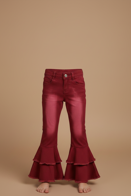 Pantalon Patte D'Éléphant Rouge Volants Denim Enfant Fille - Bordeaux Jean - vue 3