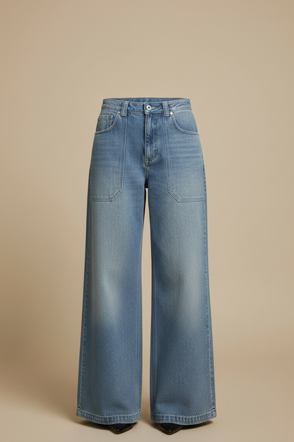 Pantalon Patte D'Éléphant Denim Ample Bleu Délavé Taille Haute - Jean - vue 3