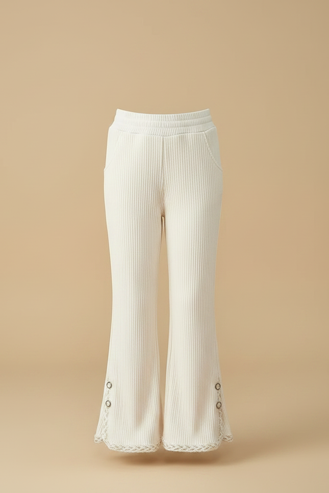 Pantalon Patte D'Éléphant Côtelé Beige Évasé Dentelle Enfant - Maille - vue 3