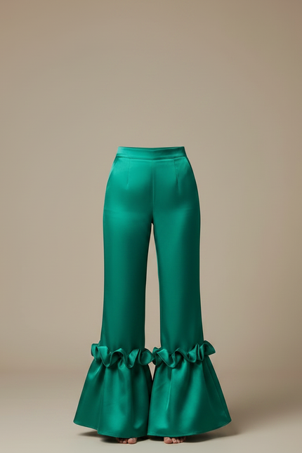 Pantalon Patte D'Éléphant Vert Émeraude Satiné Volants Élégant - vue 3