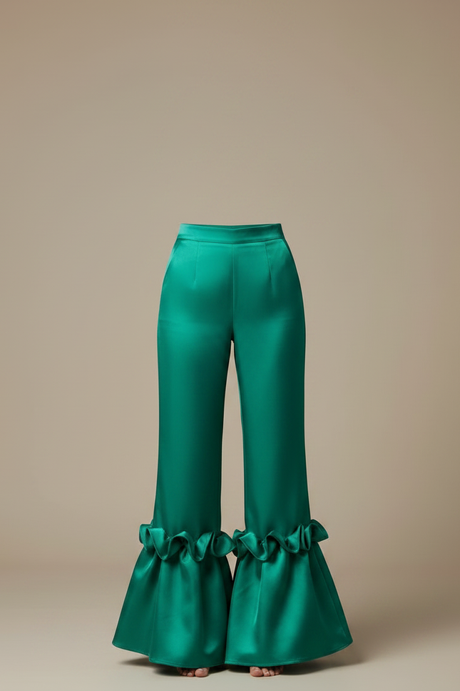 Pantalon Patte D'Éléphant Vert Émeraude Satiné Volants Élégant - vue 3